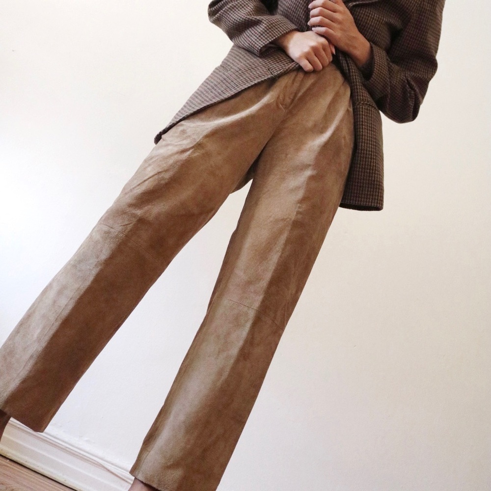 Vintage tan suede leather high-waisted trousers
